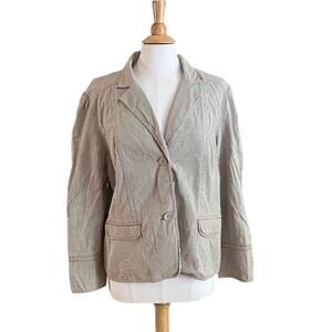 Chico's 2 Button Tan, White Textured Stripe Seersucker Jacket/Blazer, Size XL